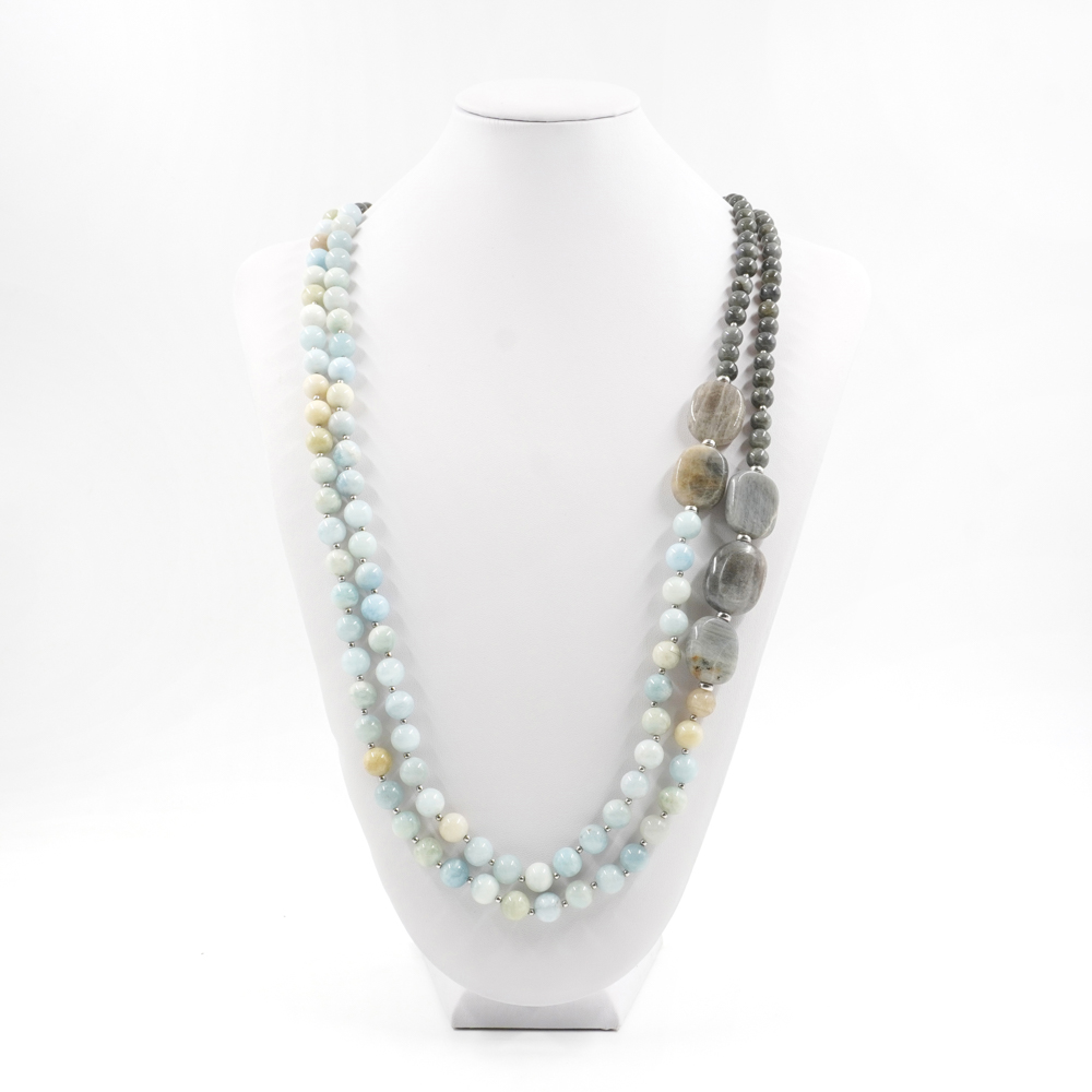 Collana Multifilo con labradorite, acquamarina, ematite, chiusura in argento 925 – Rodiato - immagine 2