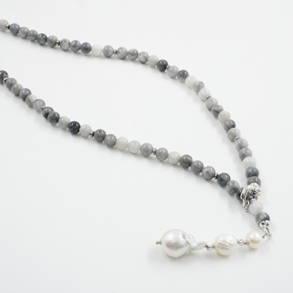 Collana con occhio d'aquila, perla, ematite, chiusura in argento 925 – Rodiato