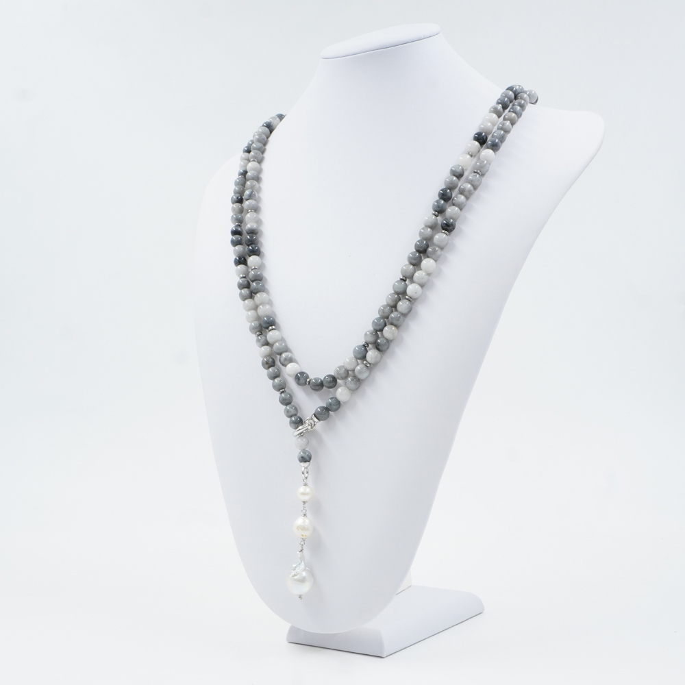 Collana con occhio d'aquila, perla, ematite, chiusura in argento 925 – Rodiato - immagine 2