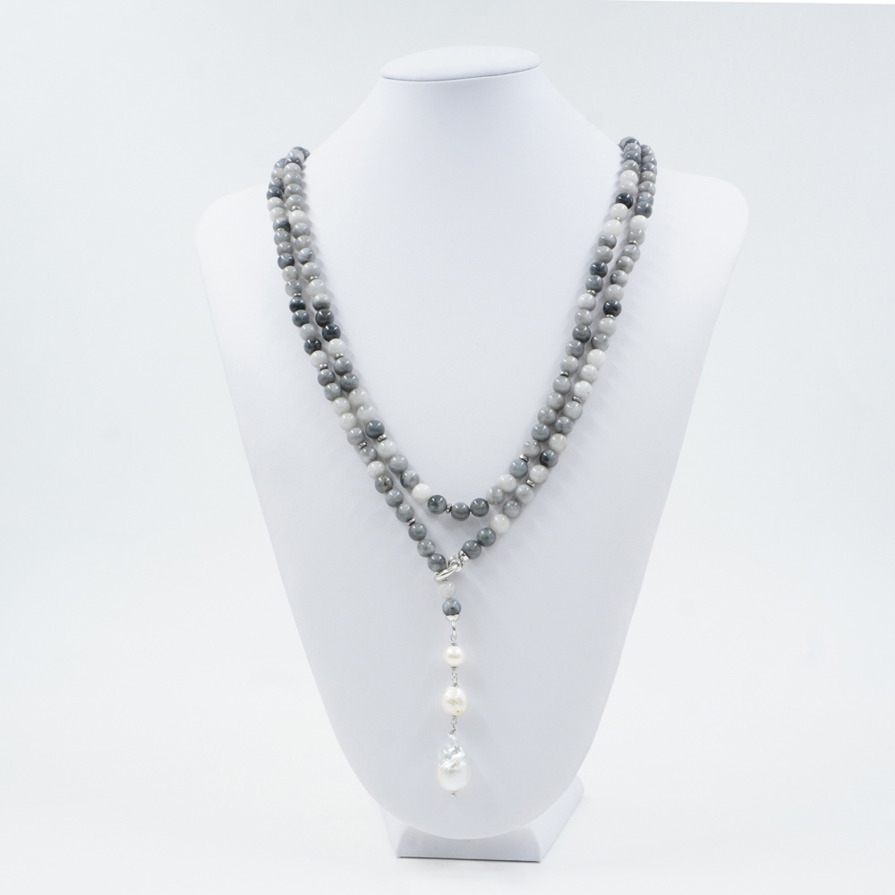 Collana con occhio d'aquila, perla, ematite, chiusura in argento 925 – Rodiato - immagine 3