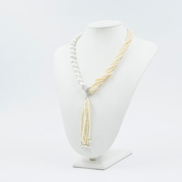Multistrand Necklace with pearls, brass element with zircons, sterling silver clasp – Rhodium Color