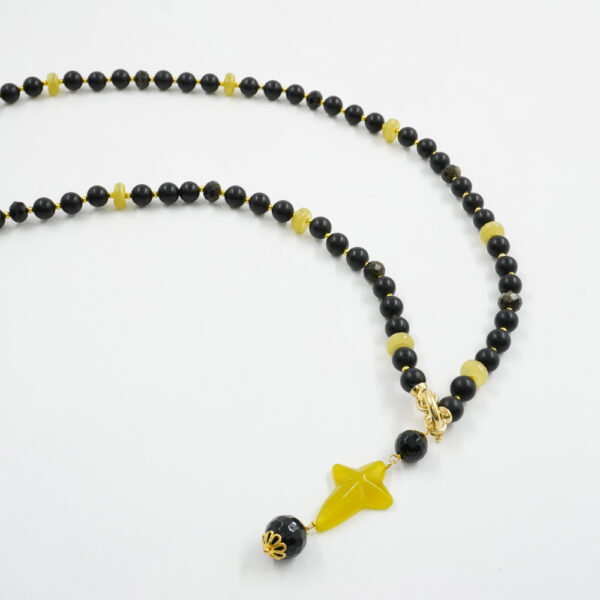 Necklace with frosted black agate, hematite, obsidian gold, cat eye, jade, sterling silver clasp – Golden Color