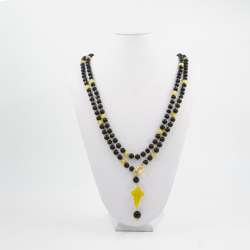 Collana con agata nera satinata, ematite, ossidiana gold, occhio di gatto, giada, chiusura in argento 925 – Dorato - immagine 3