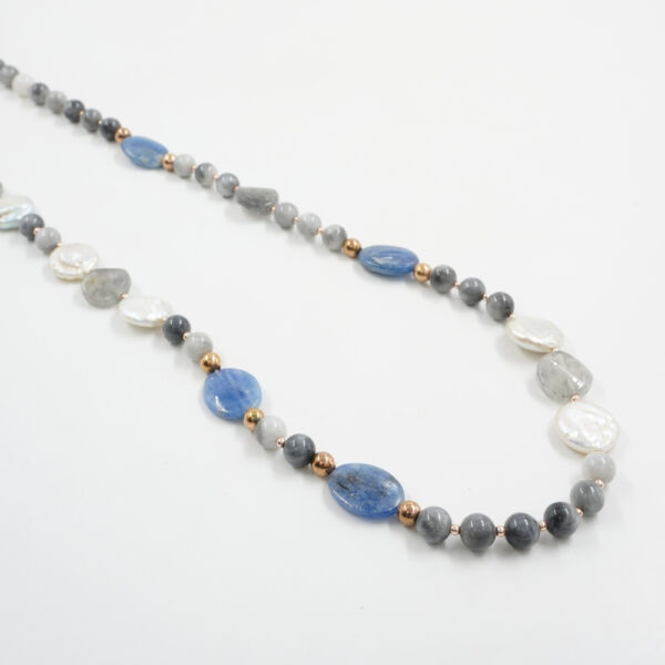 Necklace with eagle eye, kyanite, cloudy quartz, pearl, hematite, sterling silver clasp – Rose Color