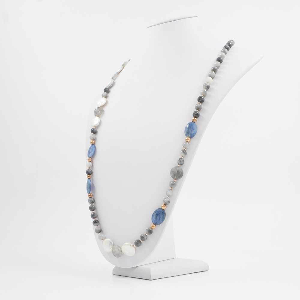 Collana con occhio d'aquila, cianite, quarzo grigio, perla, ematite, chiusura in argento 925 – Rosato - immagine 2