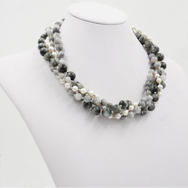 Multistrand Necklace with eagle eye, pearl, sterling silver clasp – Rodiato