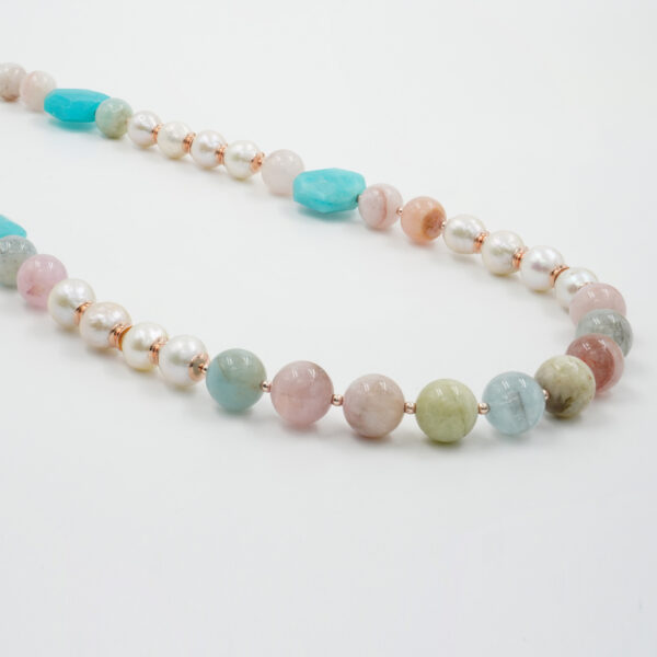 Necklace with beryl, pearl, amazonte, hematite, sterling silver clasp – Rose Color
