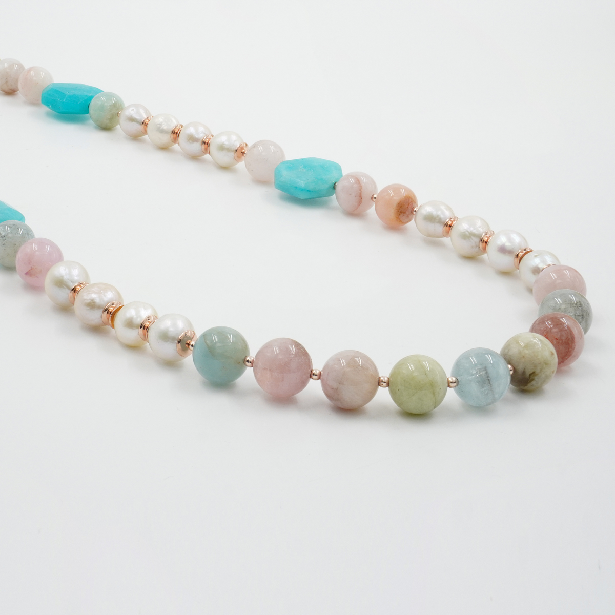 Collana con berillo, perla, amazzonite, ematite, chiusura in argento 925 – Rosato
