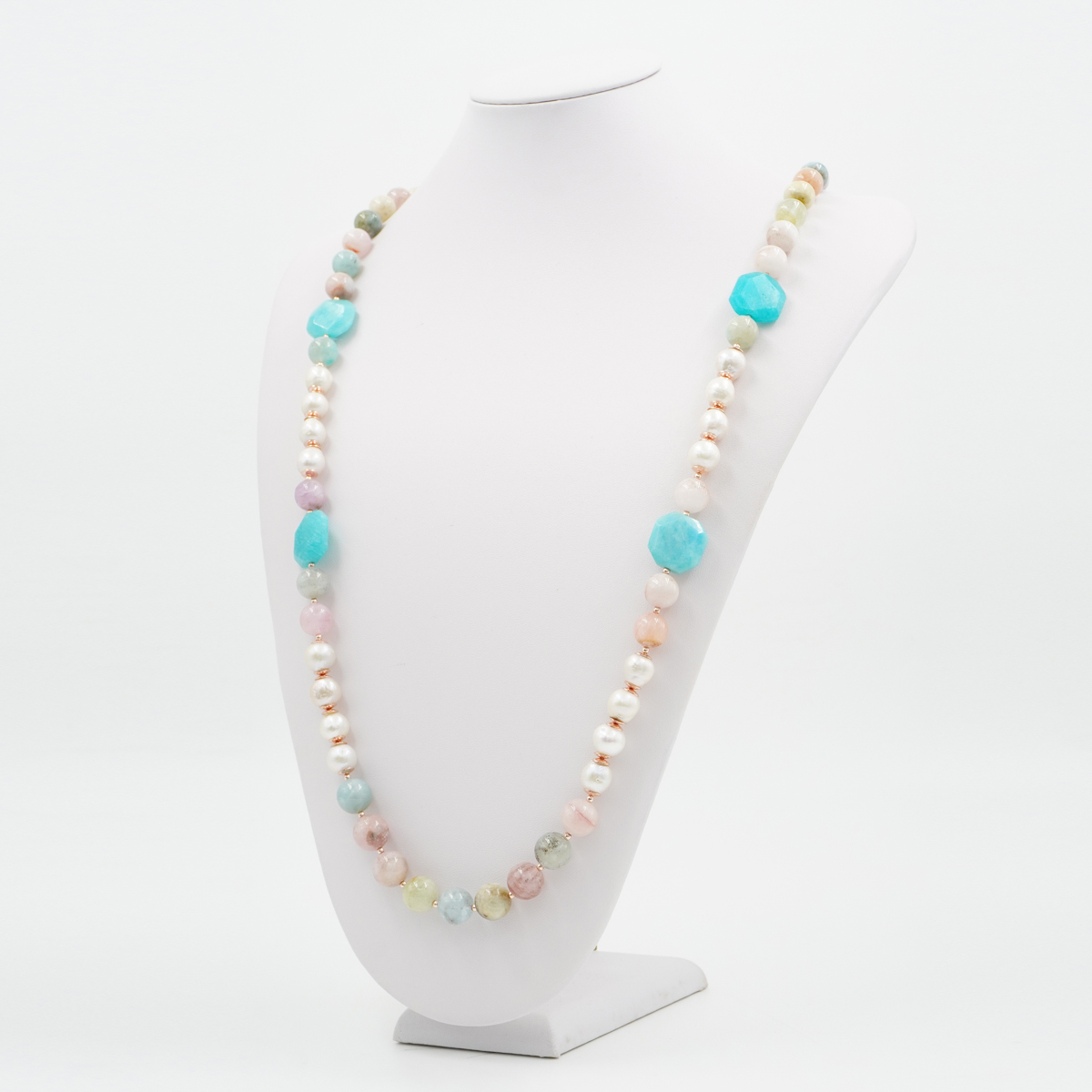 Collana con berillo, perla, amazzonite, ematite, chiusura in argento 925 – Rosato - immagine 2