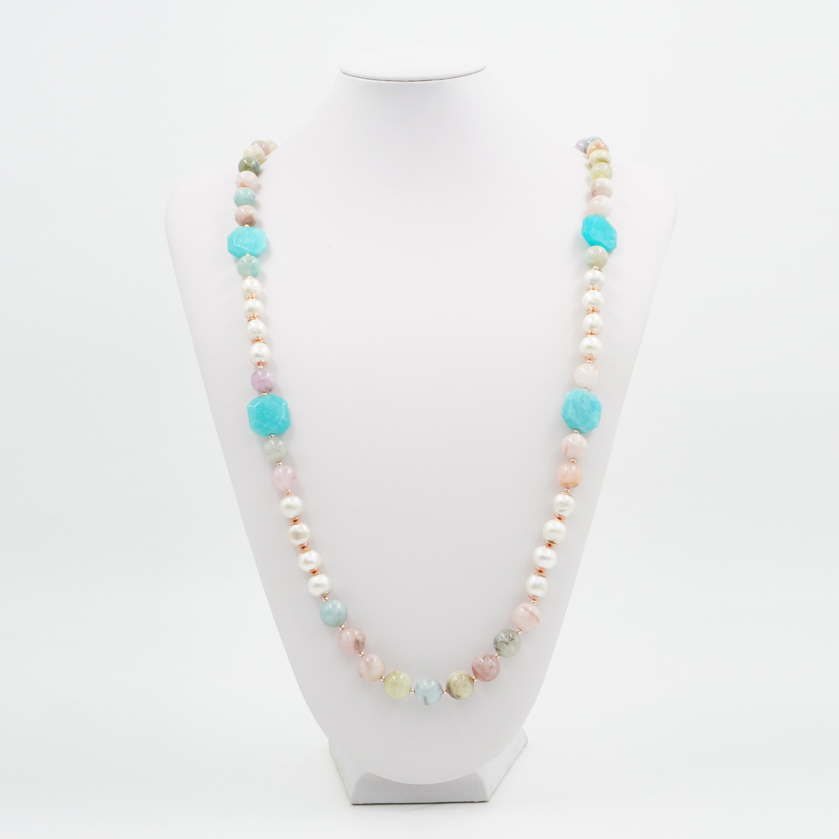 Collana con berillo, perla, amazzonite, ematite, chiusura in argento 925 – Rosato - immagine 3