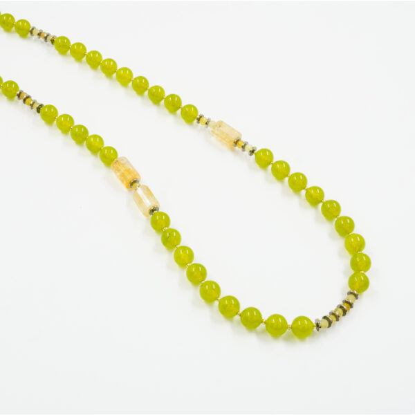 Necklace with green dyed jade, citrine, yellow opal, hematite, sterling silver clasp – Golden Color