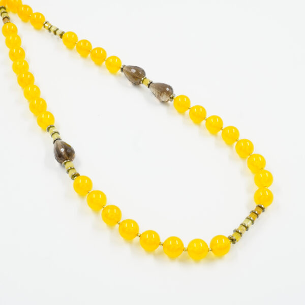 Necklace with yellow dyed jade, yellow opal, smoky quartz, hematite, sterling silver clasp – Golden Color