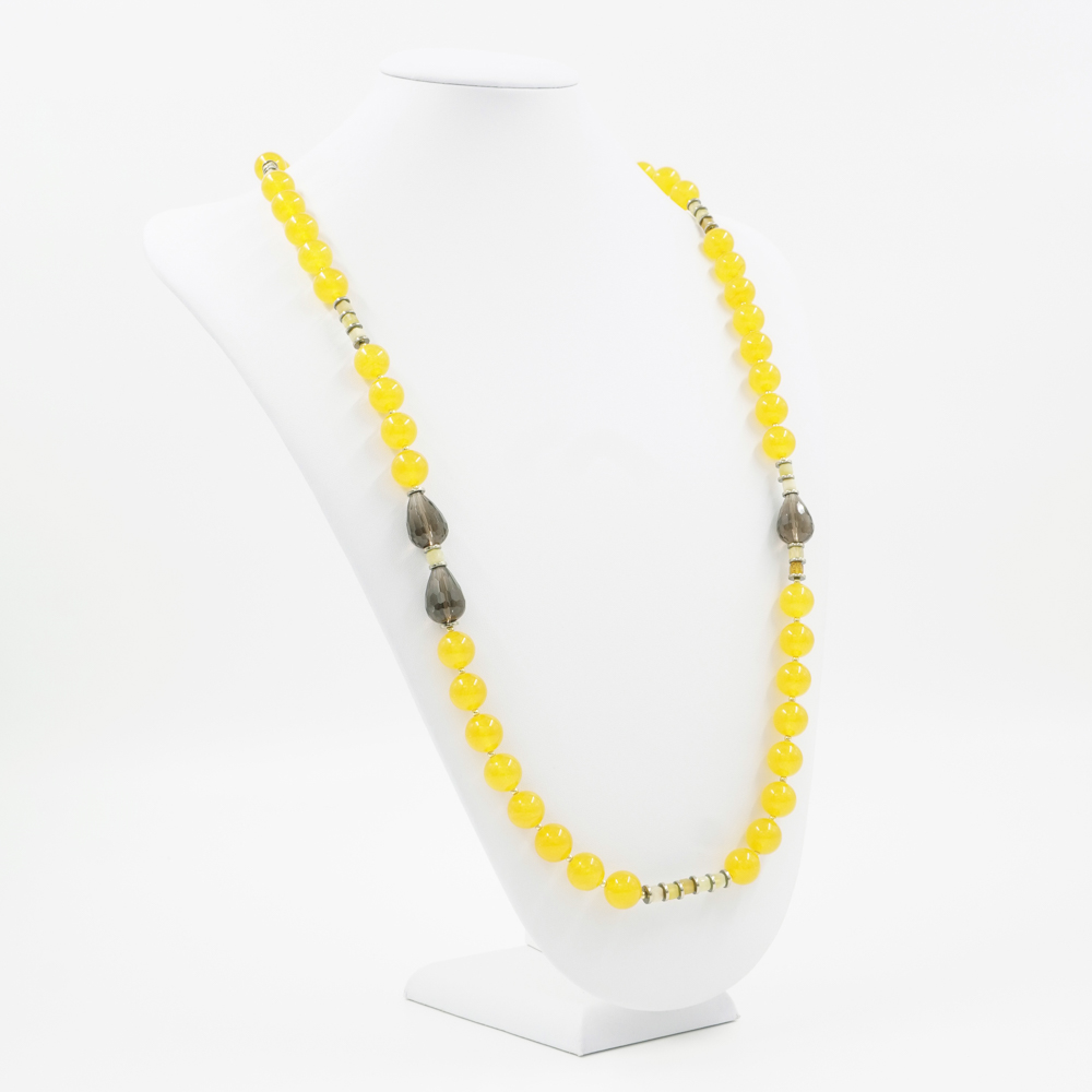 Collana con giada gialla tinta, opale giallo, quarzo fumè, ematite, chiusura in argento 925 – Dorato - immagine 2