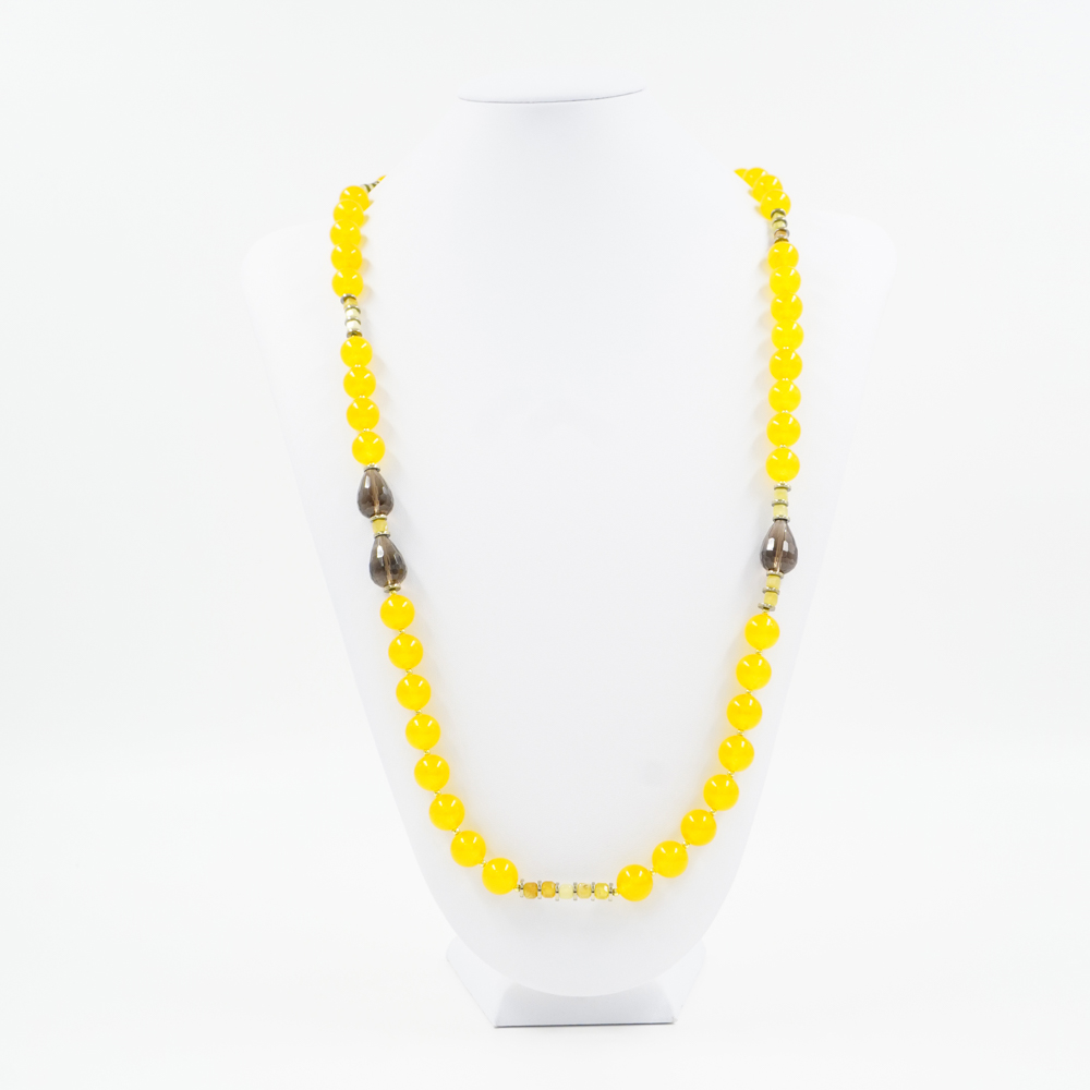 Collana con giada gialla tinta, opale giallo, quarzo fumè, ematite, chiusura in argento 925 – Dorato - immagine 3
