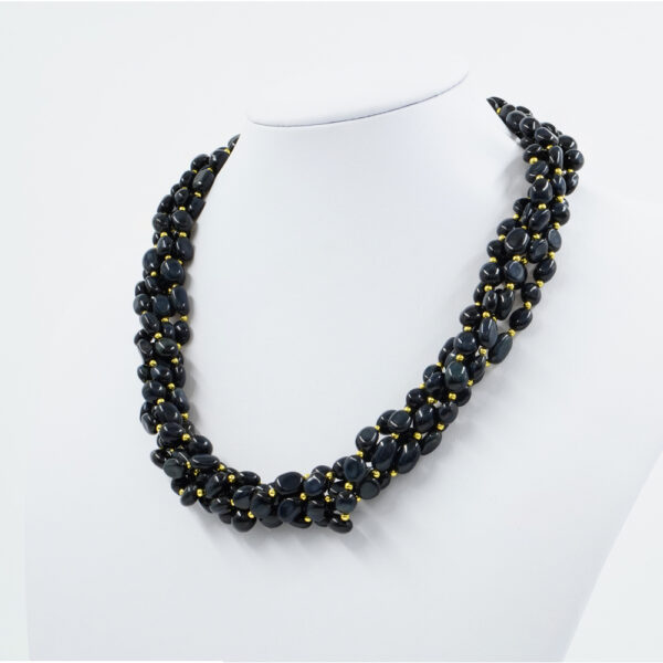 Multistrand Necklace with black tiger eye, hematite, sterling silver clasp – Golden Color