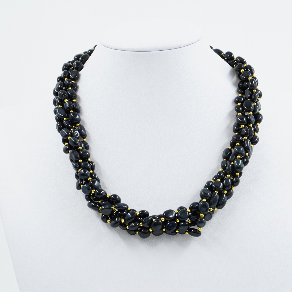 Collana Multifilo con occhio di tigre nero, ematite, chiusura in argento 925 – Dorato - immagine 2