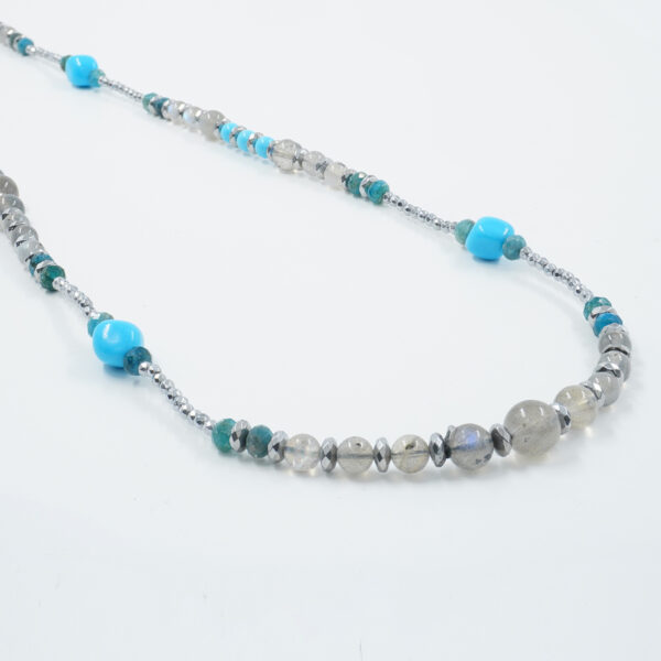 Necklace with hematite, apatite, recon turquoise, labradorite, sterling silver clasp – Rhodium Color