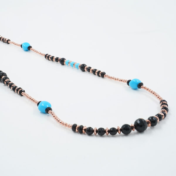 Necklace with hematite, black agate, recon turquoise, sterling silver clasp – Rose Color