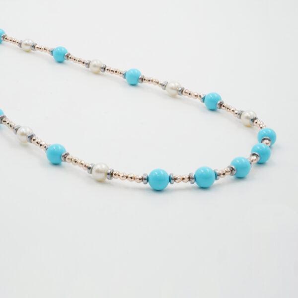 Necklace with hematite, recon turquoise, pearl, sterling silver clasp – Rhodium Color
