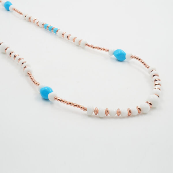 Necklace with white agate, recon turquoise, hematite, sterling silver clasp – Rose Color