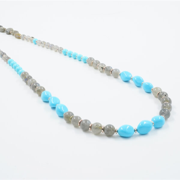 Necklace with labradorite, recon turquoise, hematite, sterling silver clasp – Rose Color