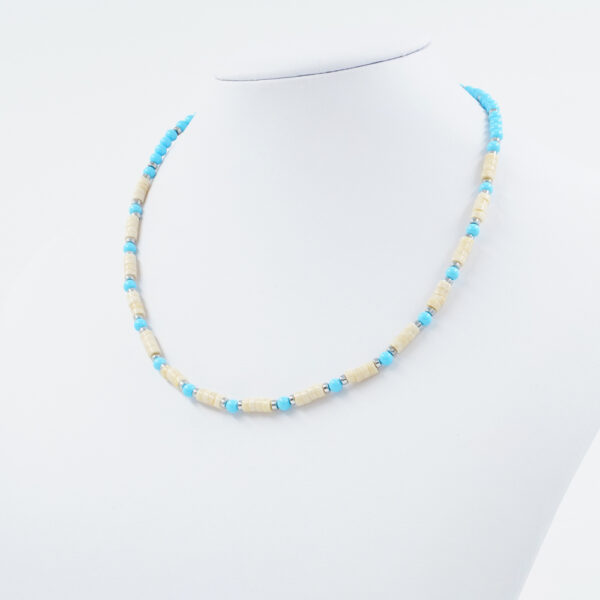 Necklace with recon turquoise, fossil jasper, hematite, sterling silver clasp – Rhodium Color
