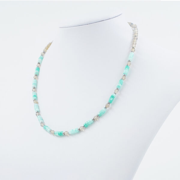 Necklace with agata grigia, dyed green jasper, hematite, sterling silver clasp – Rhodium Color
