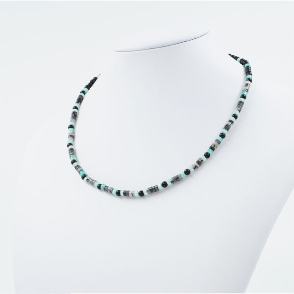 Necklace with black agate, dyed green jasper, Picasso jasper, hematite, sterling silver clasp – Rhodium Color
