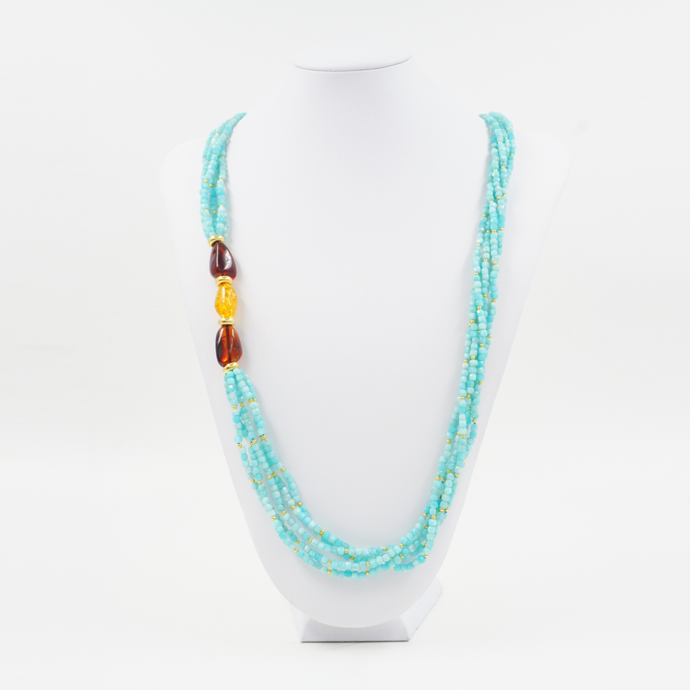 Collana Multifilo con amazzonite, ambra, ematite, chiusura in argento 925 - Dorato - immagine 3