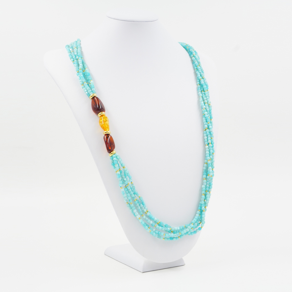 Collana Multifilo con amazzonite, ambra, ematite, chiusura in argento 925 - Dorato - immagine 4