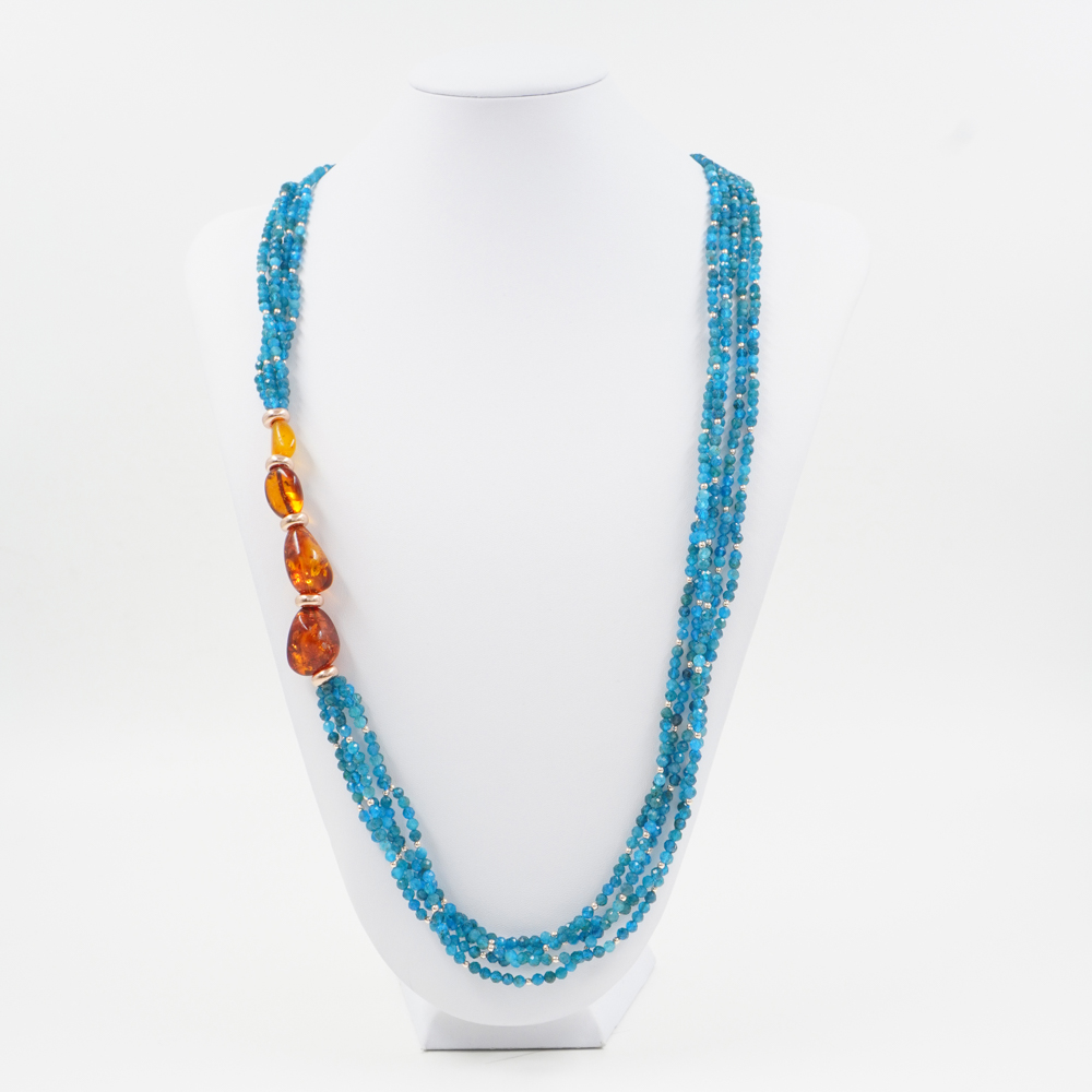 Collana Multifilo con apatite, ambra, ematite, chiusura in argento 925 - Rosato