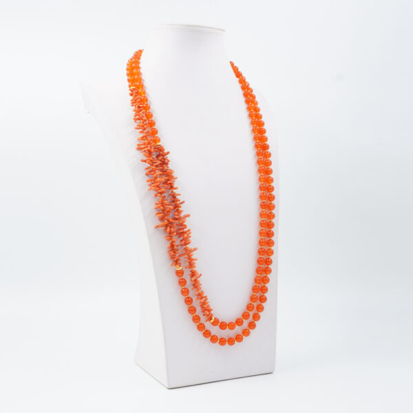Multistrand Necklace with orange dyed jade, coral, hematite, sterling silver clasp – Golden Color