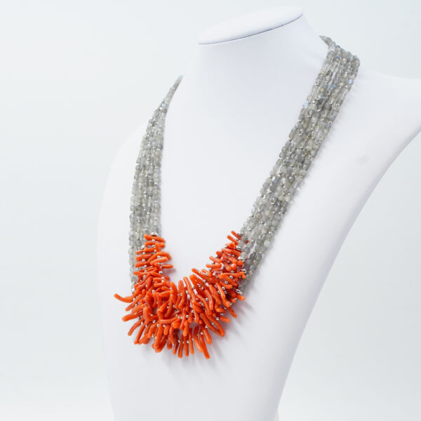 Multistrands Necklace with labradorite, coral, hematite, sterling silver clasp – Rhodium Color