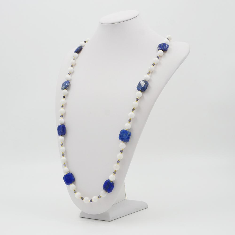 Collana con pietra di Luna bianca, iolite, lapis, ematite, chiusura in argento 925 – Dorato - immagine 2
