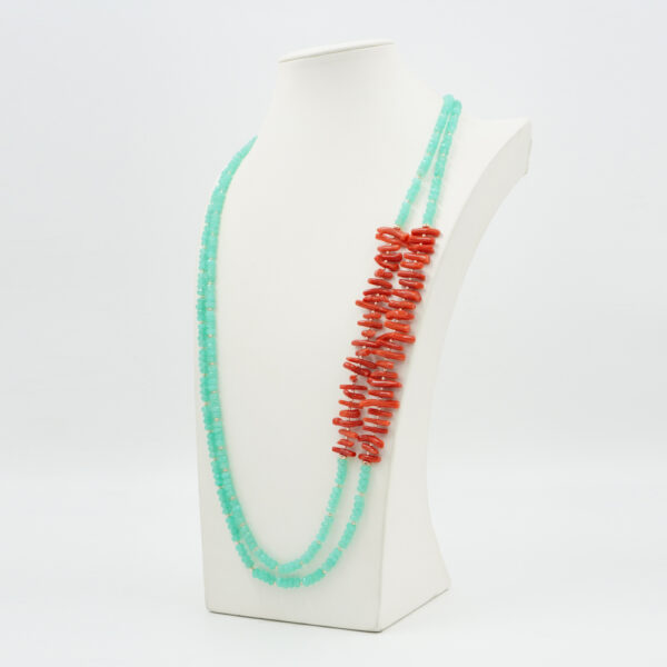 Multistrands Necklace with green sponge quartz, coral, hematite, sterling silver clasp – Rose Color