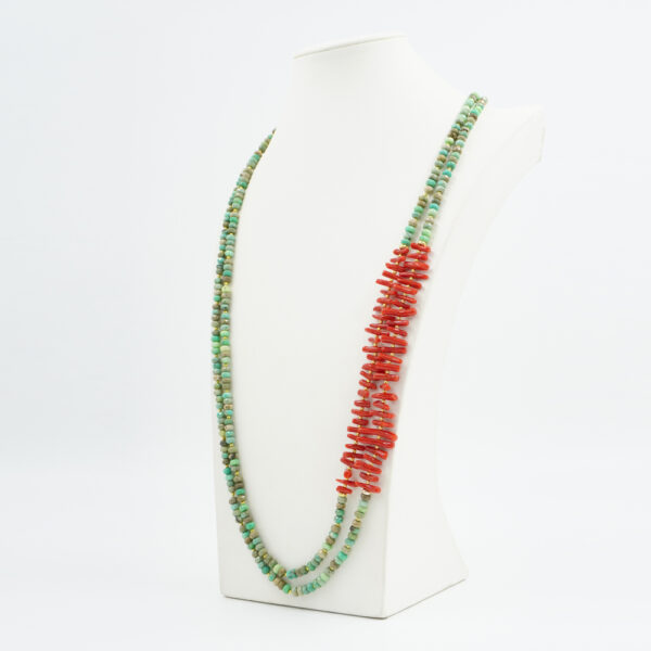 Multistrands Necklace with green grass agate, coral, hematite, sterling silver clasp – Golden Color