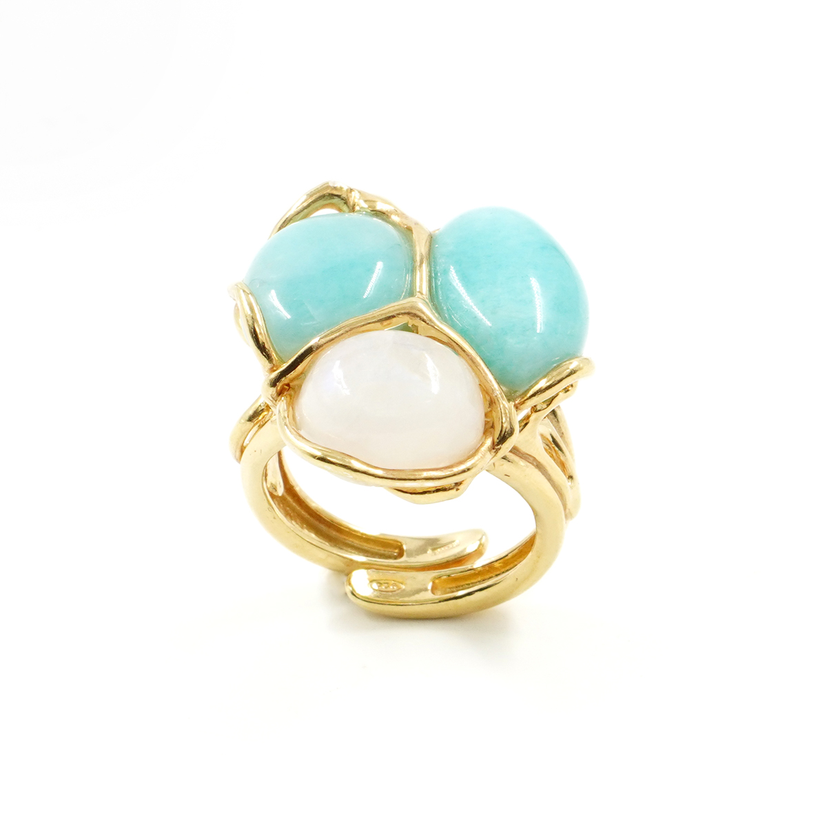 Anello in argento 925 con amazzonite, pietra di luna bianca – Dorato - immagine 2