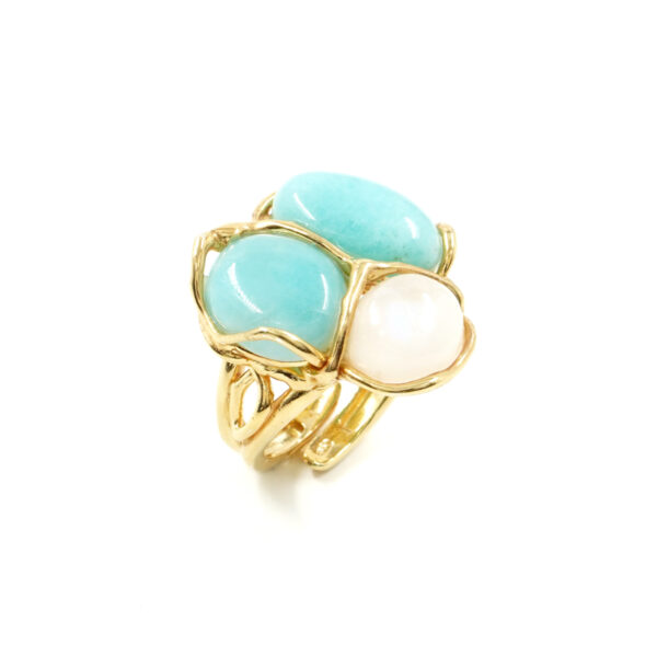 Sterling Silver ring with amazonite, white moonstone – Golden Color