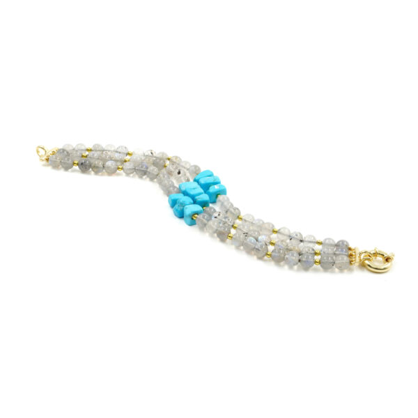 Multistrand Bracelet with labradorite, turquoise, sterling silver clasp – Golden Color