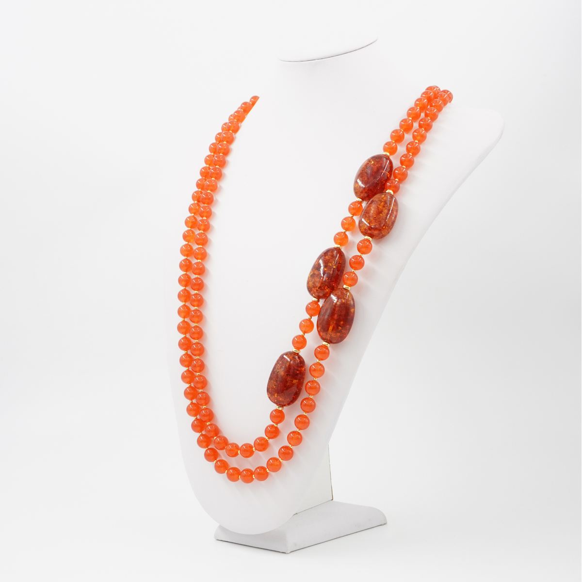 Collana Multifilo con giada arancio tinta, ambra, ematite, chiusura in argento 925 - Dorato