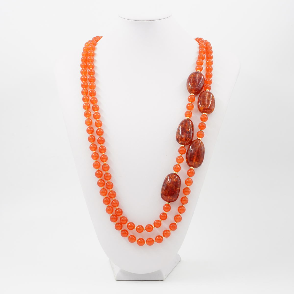 Collana Multifilo con giada arancio tinta, ambra, ematite, chiusura in argento 925 - Dorato - immagine 2