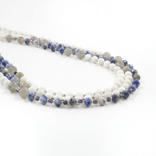 Multistrand Necklace with white moonstone, labradorite, iolite, sodalite, hematite, sterling silver clasp – Rhodium Color