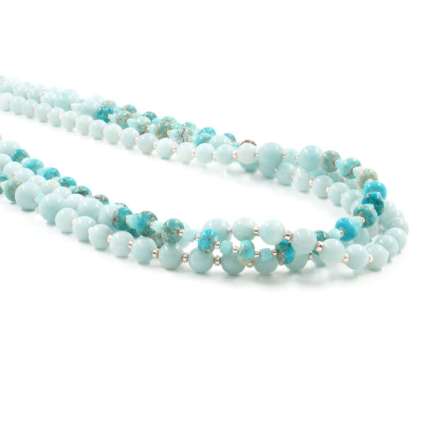 Multistrand Necklace with imperial jasper, amazonite, hematite, sterling silver clasp - Rose Color