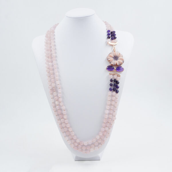 Multistrand Necklace with pink quartz, amethyst, hematite, semiprecious stone flower shape, sterling silver clasp - Rose Color