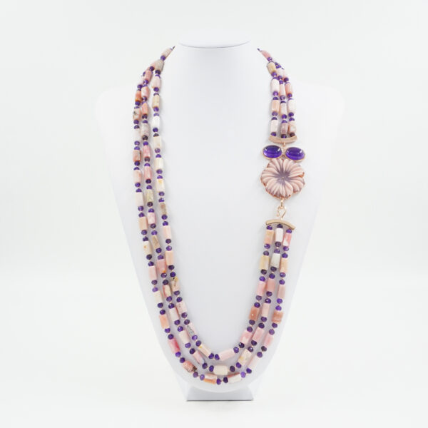 Multistrand Necklace with pink opal, amethyst, hematite, semiprecious stone flower shape, sterling silver clasp - Rose Color