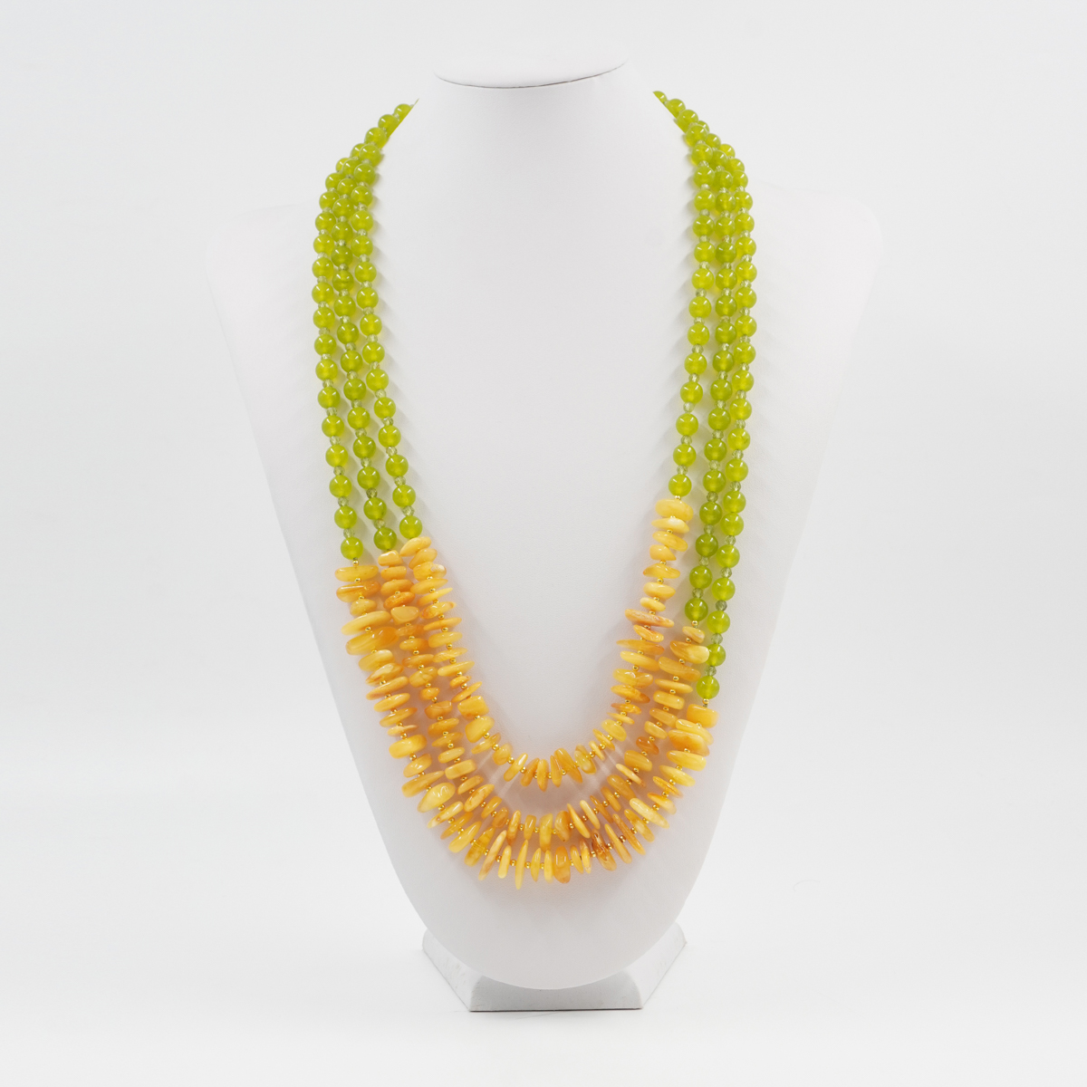 Collana Multifilo con giada tinta verde, ambra gialla, peridoto, ematite, chiusura in argento 925 – Dorato - immagine 2