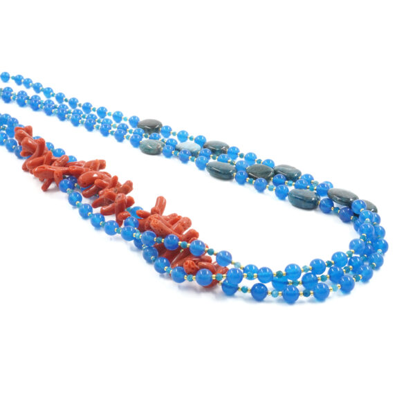 Multistrand Necklace with blue agate, coral, apatite, hematite, sterling silver clasp - Golden Color