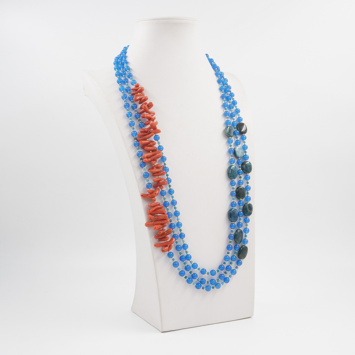 Collana Multifilo con agata blu, corallo, apatite, ematite, chiusura in argento 925 - Dorato - immagine 2