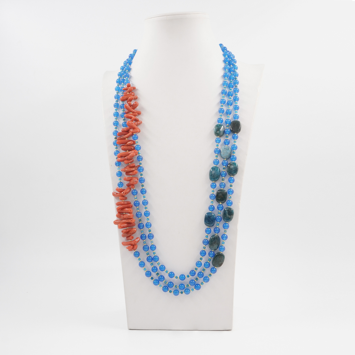 Collana Multifilo con agata blu, corallo, apatite, ematite, chiusura in argento 925 - Dorato - immagine 3