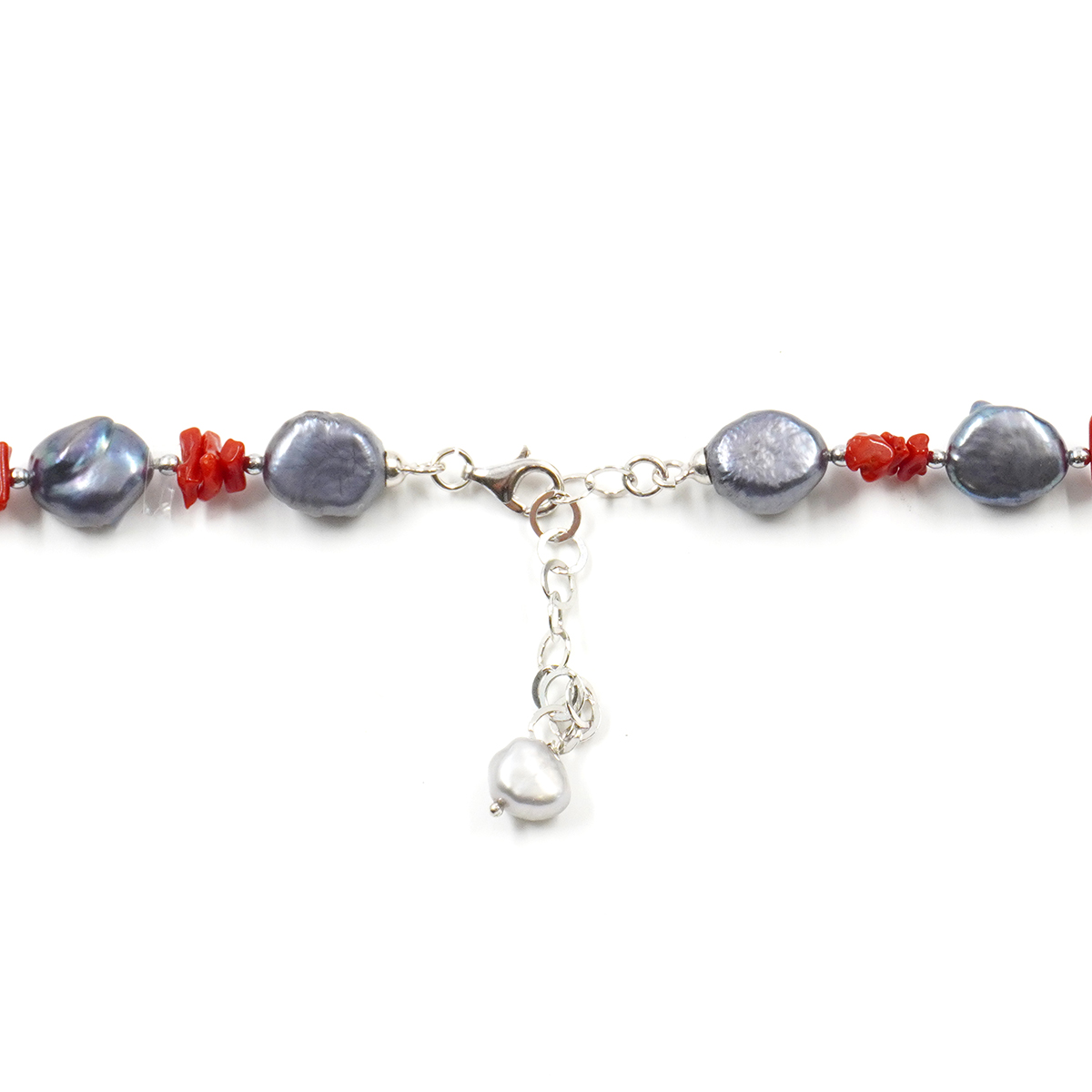 Collana con perla, corallo, ematite, chiusura in argento 925 – Rodiato - immagine 4